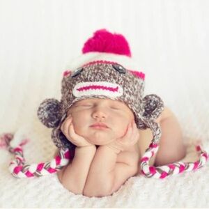 Daisy Baby Unisex Infant Beanie Hat Lulu Sock Monkey in Hot Pink 0-6 months NWT